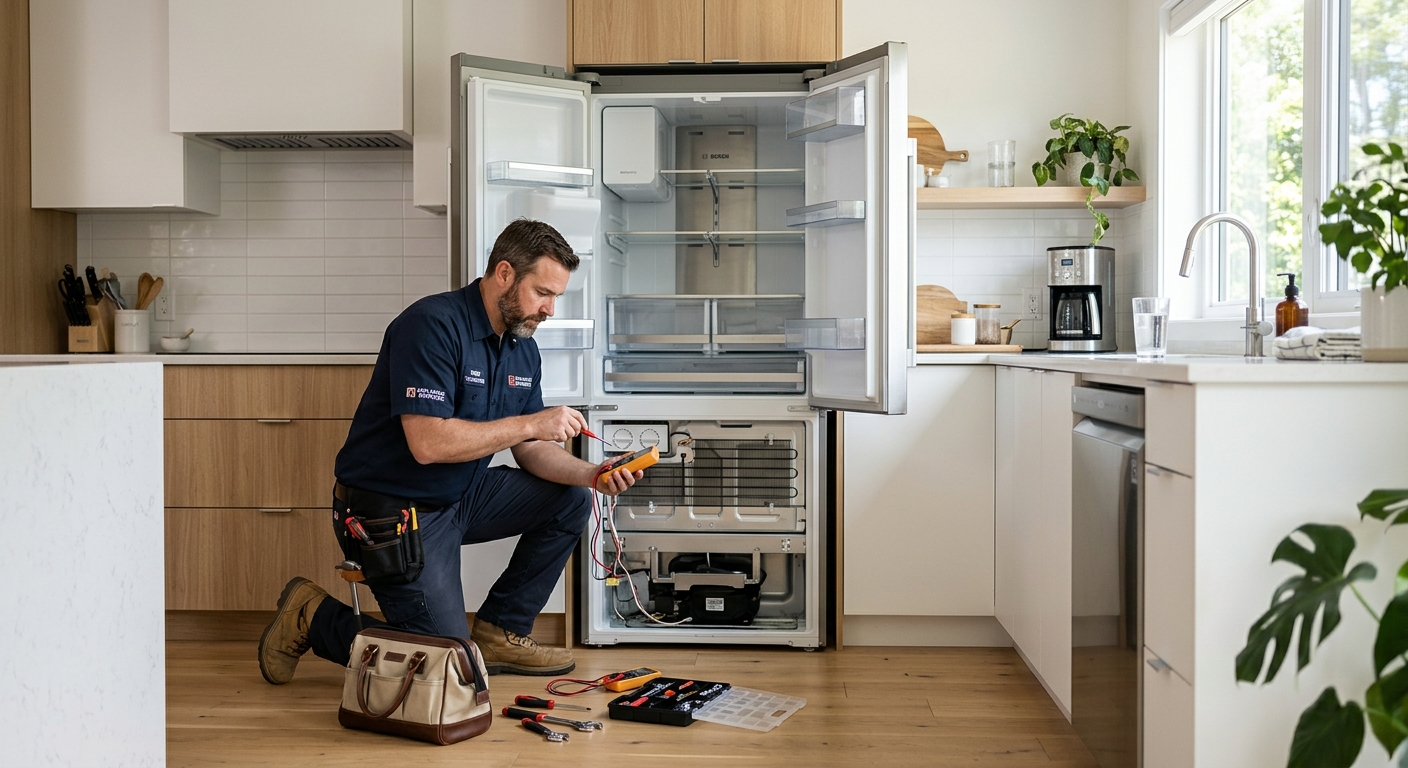 Appliance repair technician fixing a refrigerator