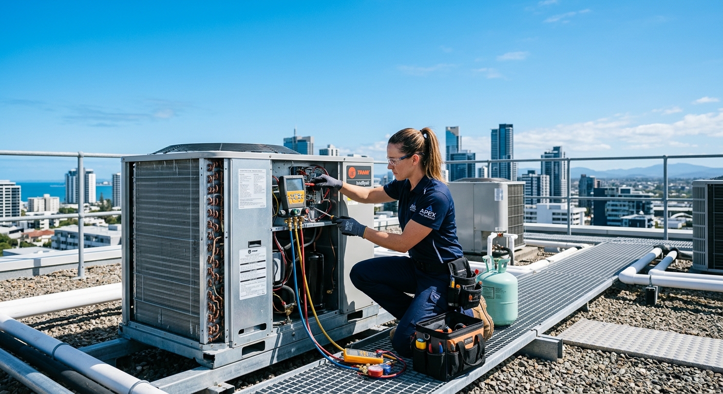 HVAC technician diagnosing an air conditioning unit