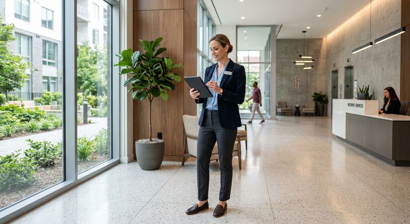 Property manager reviewing maintenance on a tablet